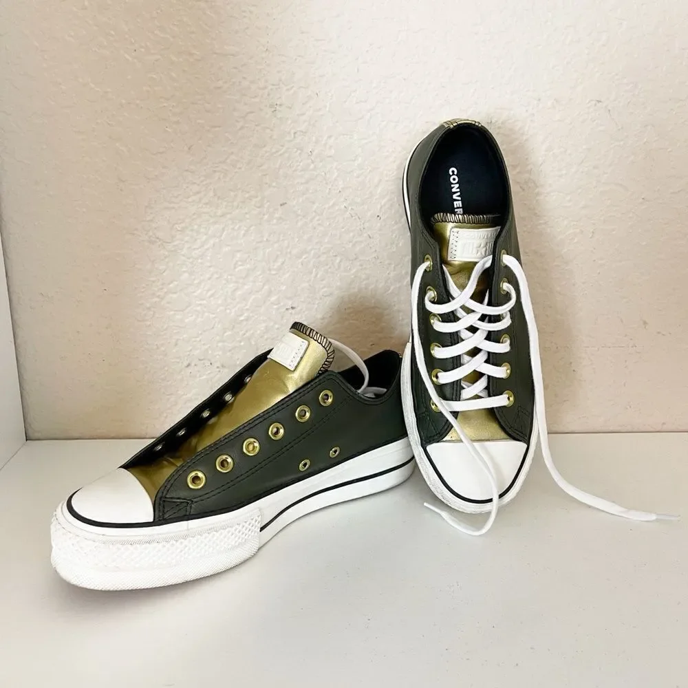 Converse Platform sneaker Low Women Sneakers Khaki and gold Leather Casual W8.5
